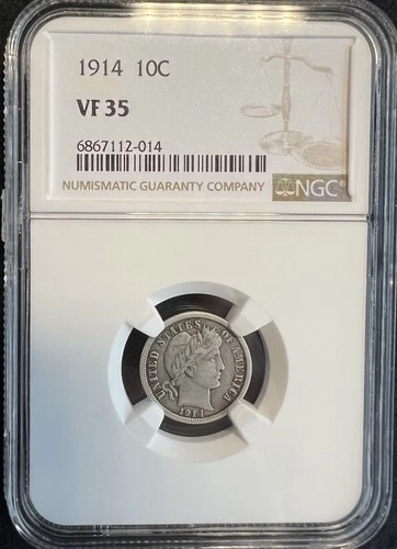 1914 Barber Head 90% Silver Dime NGC Certified VF35 Details