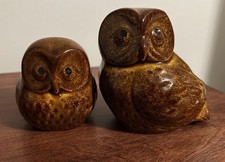 Vintage Japan Brown Ceramic Family Owl Pair Figurines Collectible MCM
