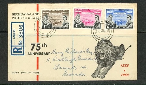 BECHUANALAND #166-168 REG FDC TO CANADA W/RED BOXED MONTREAL CANCEL ON BACK