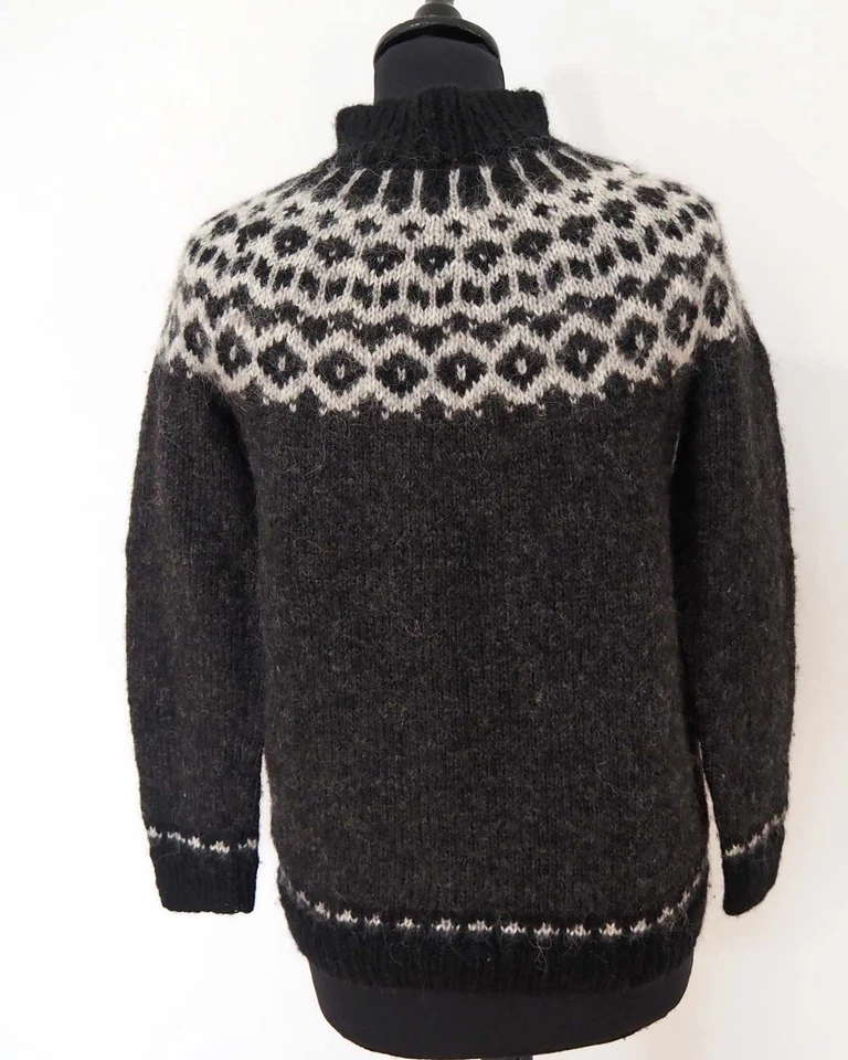 Damen Strickpullover Gr. XS Anthrazit Weiß Wolle Nordic Fair Isle Muster Vintage - Bild 3 von 3