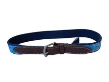 Vineyard Vines BELT Boy  s Sz 26 Blue Sharks Canvas Leather Solid Brass Buckle