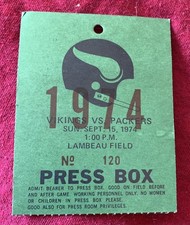 9/15/74 Fran Tarkenton  Press Box Pass Ticket Stub Vikings Vs Green Bay Packers