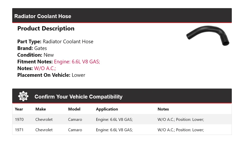 For 1970-1971 Chevrolet Camaro 6.6L V8 GAS Radiator Coolant Hose Lower Gates - Image 2 of 4