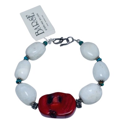 Barse Bracelet White Druzy Red Coral Chunky 7'' 925 Sterling Sliver Bohemian BOHO