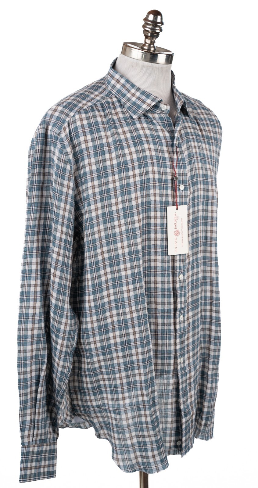 LUCIANO BARBERA Teal Linen Shirt Lightweight Regular Fit Checkered Button-Up 2XL image 2