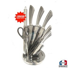 BLOC COUTEAUX DE COUPE DECOUPE POUR CUISINE LAME INOX CISEAUX 8Pcs PRESENTOIRE