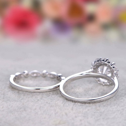 Halo Engagement Ring Set 2.85Ct Round Cut Moissanite White Gold Finish in Size 7 - Picture 4 of 5