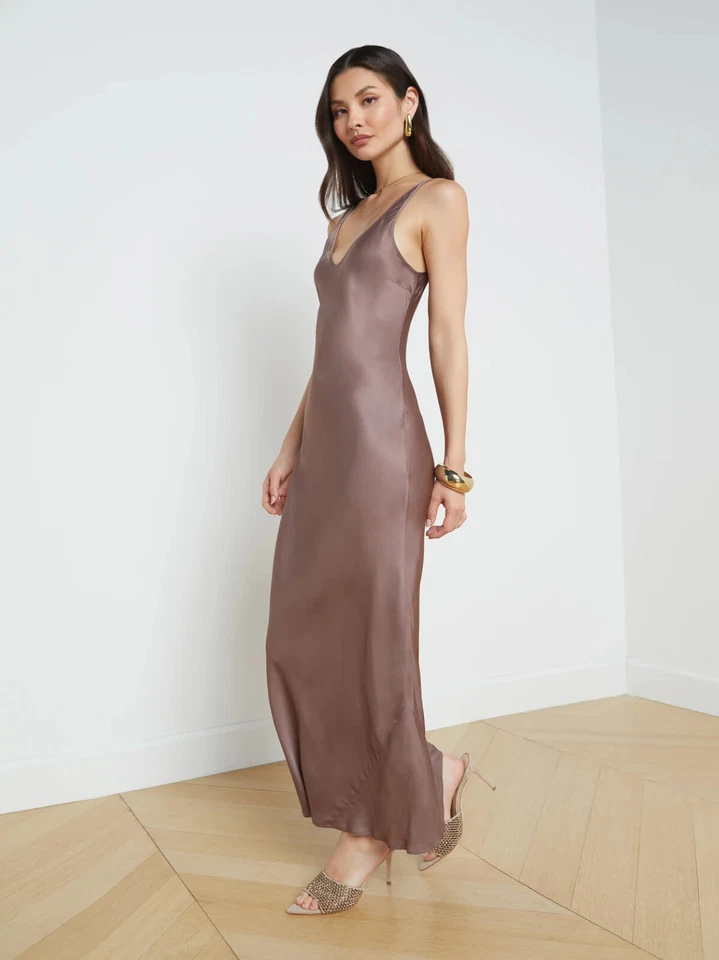 L'AGENCE Deep Taupe Akiya Bias-cut Silk-like Fluid Midi Maxi Slip Dress S = 2/4 - Image 3 of 4