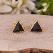 18k Gold Plated Pyramid Black Onyx Gemstone Stud Tops Earring For Birthday Gift