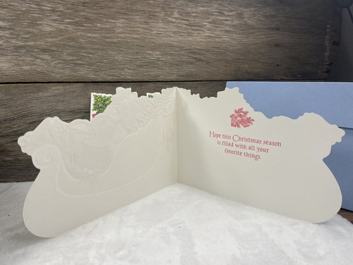 4 Vintage Weihnachtskarten Spielzeug im Schlitten Glitzer plus Mark American Greetings 8”x5” - Bild 8 von 13