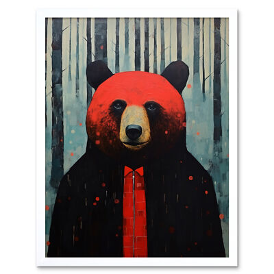 Hipster Red Bear Artwork Black Blue Artwork Forest Trees Framed Wall Art 12x16