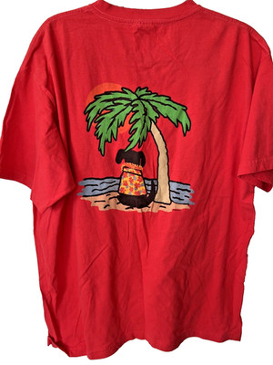 Gravity Graphics Mens Unisex Red T- Shirt  Aloha Dog on Beach Graphic Size XL
