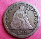 1877-CC LIBERTY SEATED SILVER QUARTER. FULL LIBERTY. LOW MINTAGE.