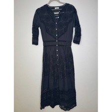LoveShackFancy Maxi Dress Womens M Black Eyelet Lace Button Front Boho