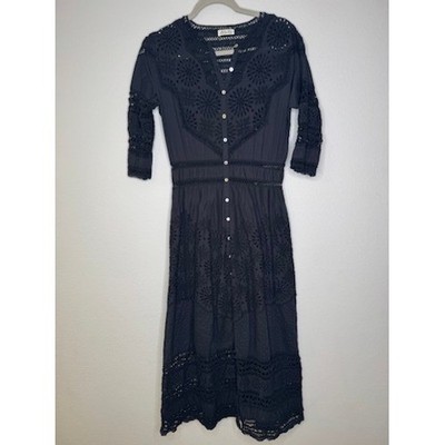 LoveShackFancy Maxi Dress Womens M Black Eyelet Lace Button Front Boho