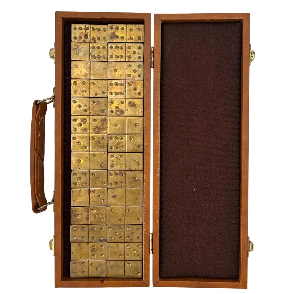 Vintage Brass Dominoes Set With Leather Case Bones Tiles 28 pieces 2oz 1.75in - Image 3 of 4