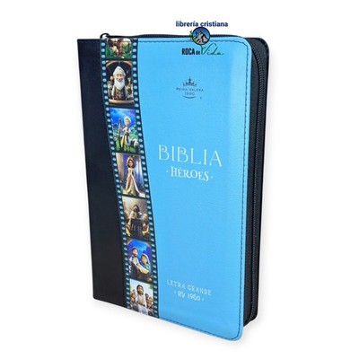 Biblia Con Cierre Letra Grande Héroes de la Fe RV1960 piel negro y azul Índice 