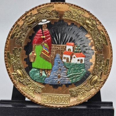 Ecuador Copper Souvenir Plate Colorful Anden Folk Art Decor Cultural Home Accent