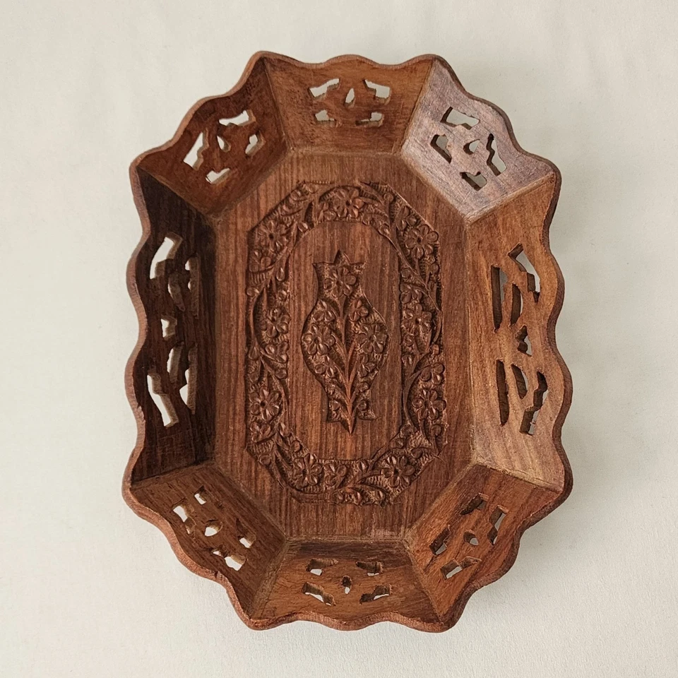 VTG Hand Carved Wood Tray Floral Design Boho Chic Catch All Home Decor Rustic - Image 3 of 4