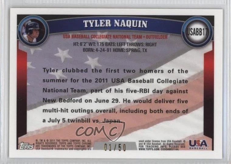 2011 Topps Chrome Gold Refractor /50 Tyler Naquin #USABB17 - Image 2 of 2