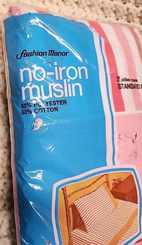 JC Penney Fashion Manor Pillow Cases STD Pink White Stripe Muslin Vintage MCM - Afbeelding 3 van 5