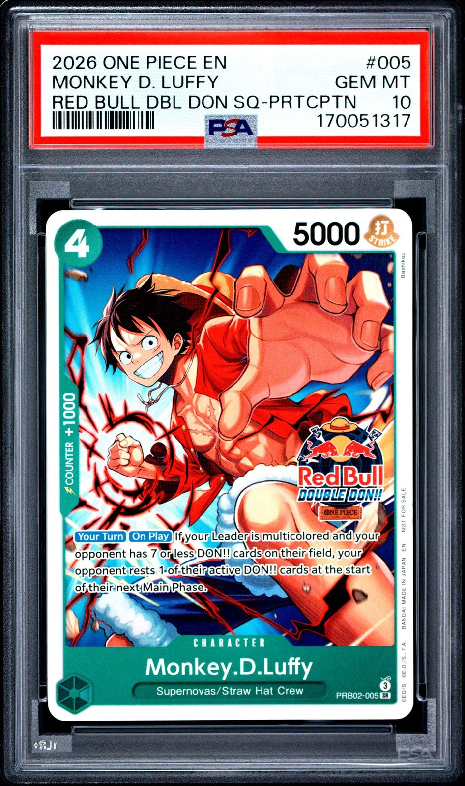 2026 One Piece Promos Red Bull DBL Don SQ-PRTCPTN #005 Monkey D. Luffy PSA 10