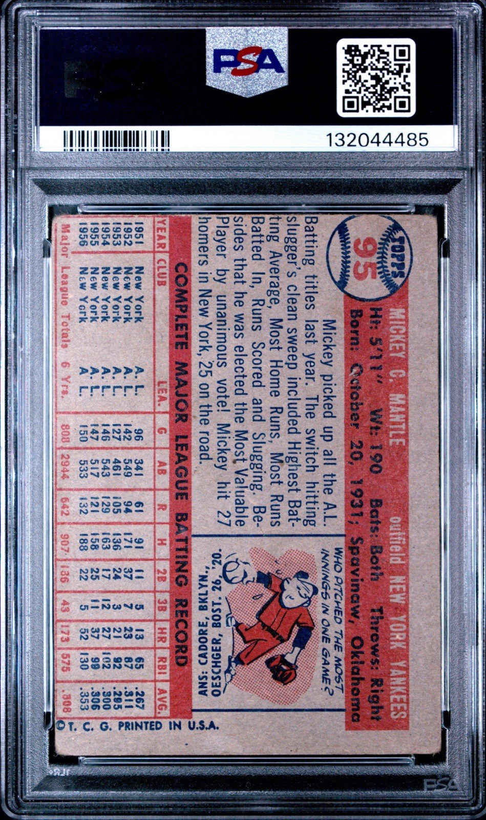 MICKEY MANTLE 1957 TOPPS PSA 1 ! *FRESHLY GRADED ! *STAINLESS BACK ! *4TH TOPPS view 2