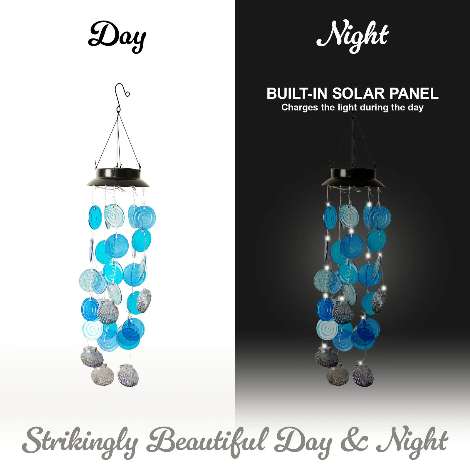 G128 Solar Wind Chime Sea Shell with Lights, Coastal Ocean Theme Windchimes