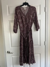 Knox Rose Mauve Purple Floral Bohemian Midi Tie Waist Surplice Neck Dress Large