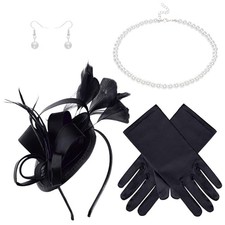 obmwang Fascinators Hat Women Tea Party Headband with Gloves Pearl Black