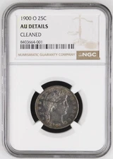1900-O 25C Barber Silver Quarter NGC AU Details Cleaned