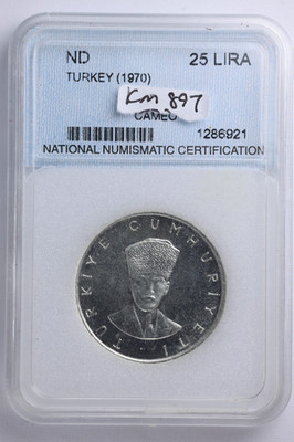 Turkey Silver PROOF 1970 25 Lira Ankara - National Numismatic Certification Slab
