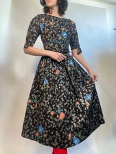 50s Black Cotton Print Fitted Waist Full Skirt B 36"/W 28"