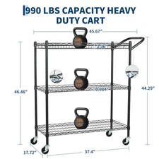 Heavy Duty Utility Cart with Handle 990lbs Capacity Metal 3 Tier Rolling Carts