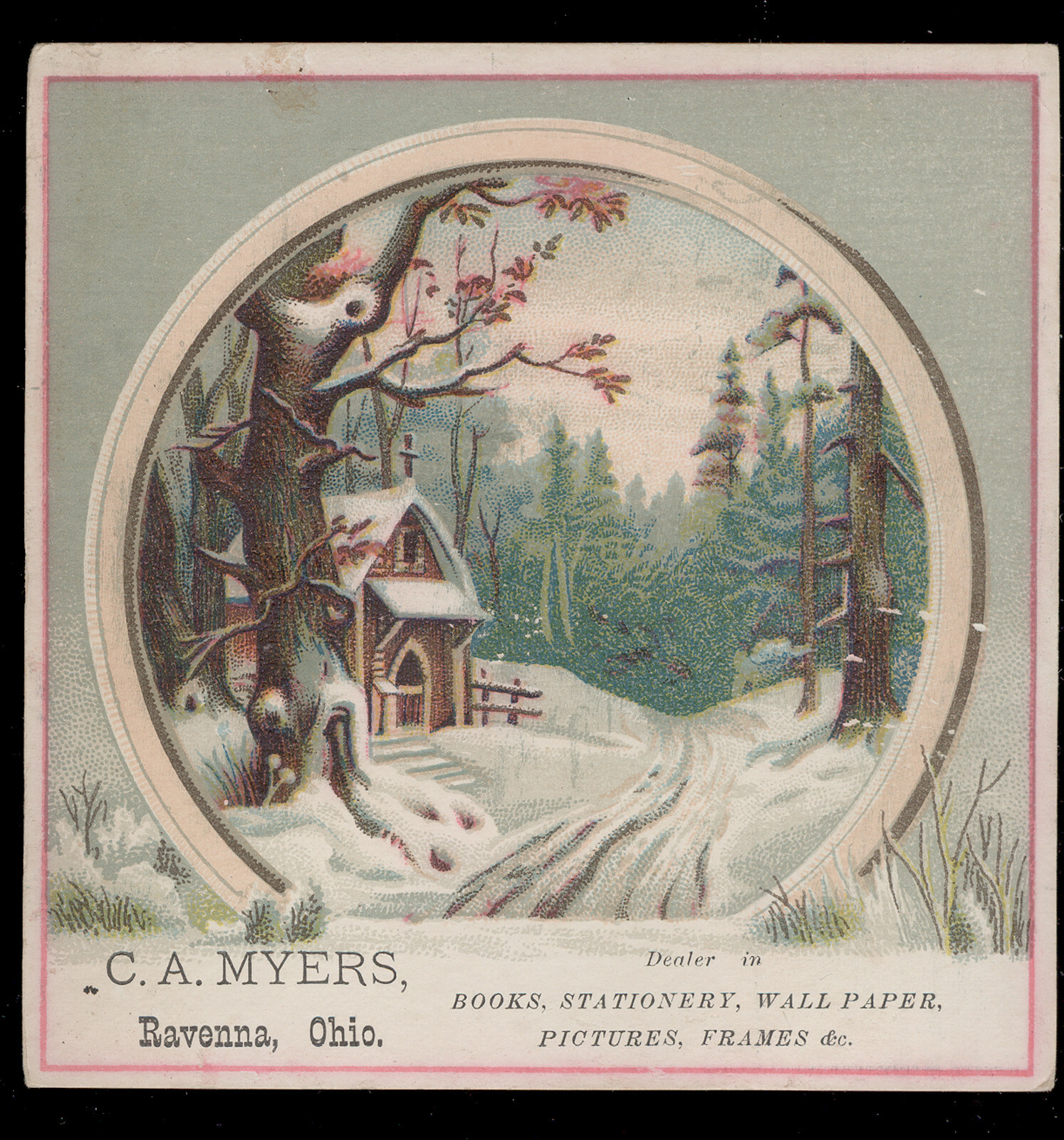RAVENNA OH VICTORIAN TRADE CARD,C A MYERS, BOOKS, WALL PAPER, FRAMES, etc  C1041