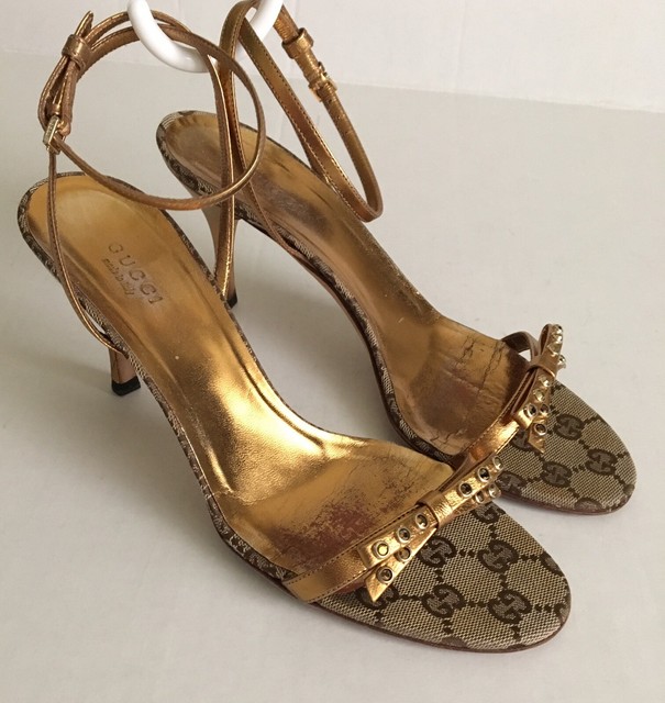 Gucci Womenâs Leather Strappy Rhinestones GG Canvas Monogram Sandal Heels Sz. 7 | eBay