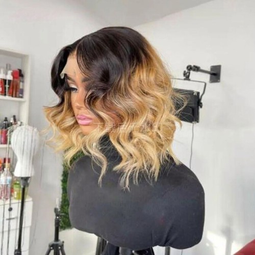 Ombre blonde kurze Bob Körperwelle Echthaarperücke 13x4 Lace Front Wig vorgezupft  - Bild 3 von 10