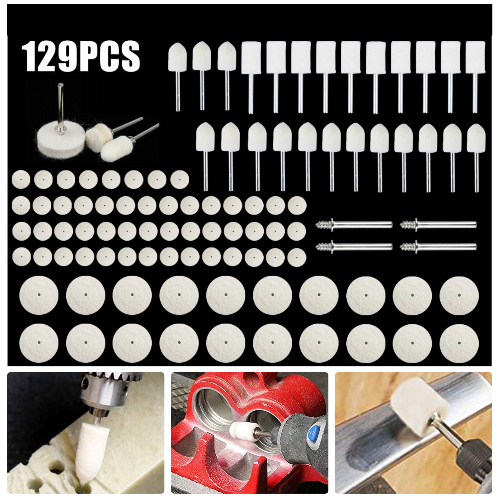 129Pcs Wool Felt Polishing Buffing Pads Waxing Head Wheel for Dremel Accessories