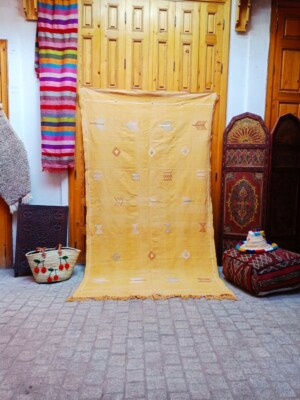 Vintage cactus silk rug, handmade Moroccan sabra cactus rug, Berber kilim rug