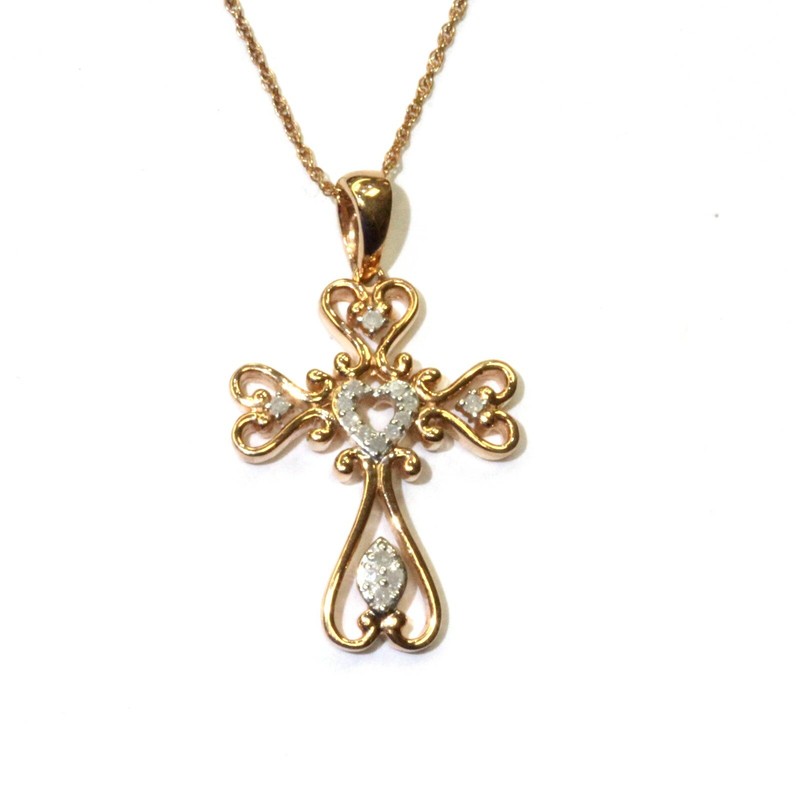 New 925 rose gold plated .06ct diamond cross pendant necklace 4.4g 20" unique