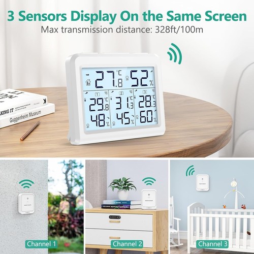 Digitales Thermometer Hygrometer mit 3 Sensoren LCD Hintergrundbeleuchtung - Bild 5 von 11