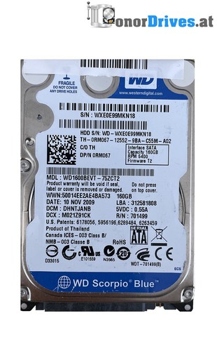 Western Digital WD1600BEVT-75ZCT2 - 160 GB - SATA - Pcb: 2060-701499-005 Rev. A*