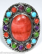 Multicolor Turquoise  Spiny Oyster Inlay 925 Sterling Silver Ring Sz 5 - 9