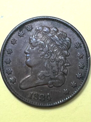 1834 Half Cent Choice original Chocolate Brown XF++