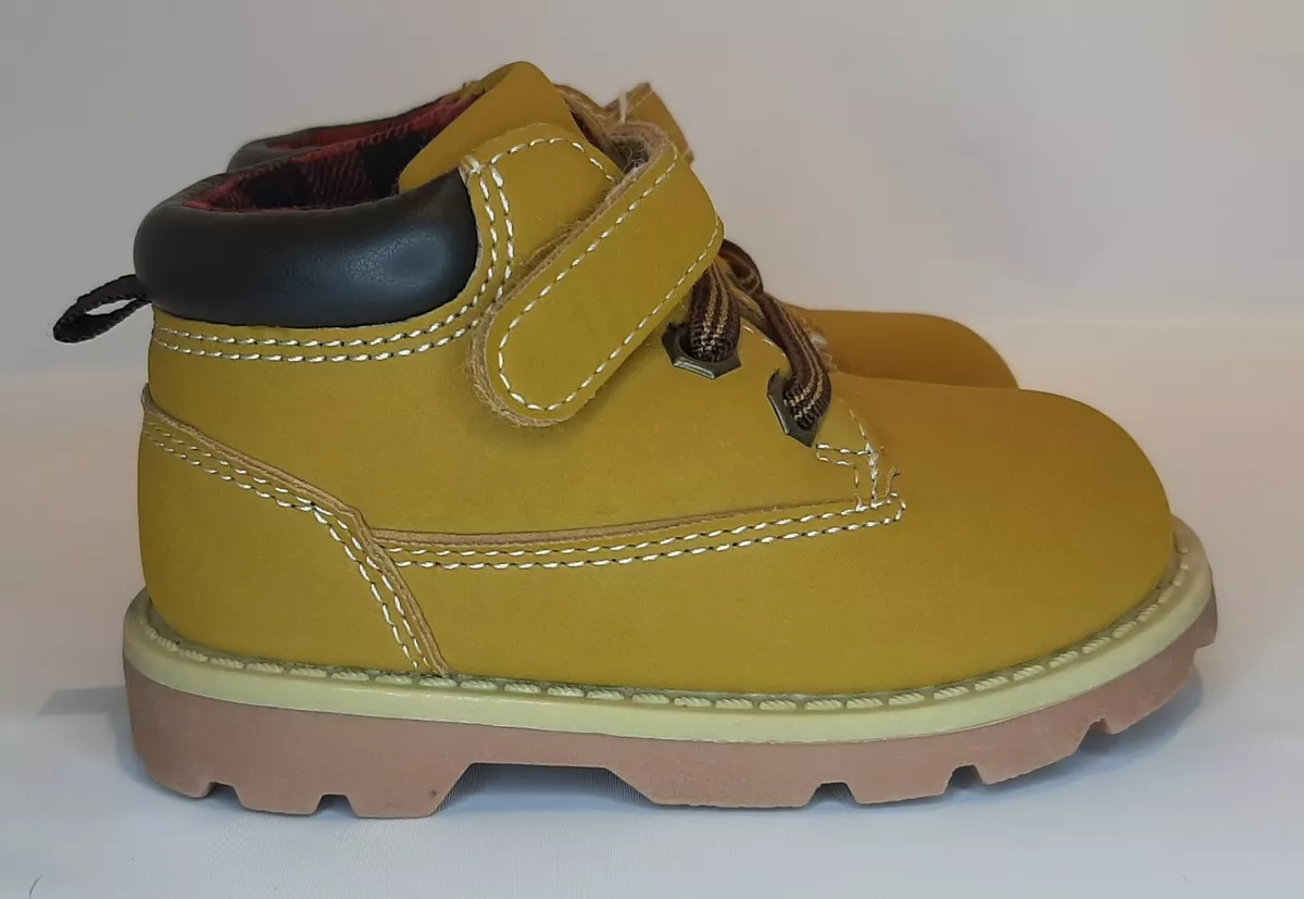 Garanimals Toddler Boy Girl Boots Sz 5 Hiking Tan Strap Lace up Red Plaid Lining
