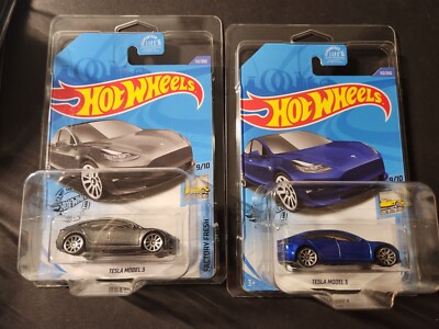 2x HotWheels Tesla Model 3 Factory Fresh 9/10 Gray + Blue Car 112/250