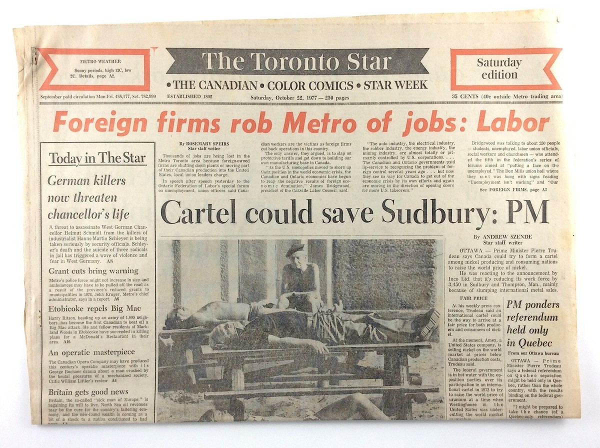 Save Sudbury Story October 22 1977 Toronto Star Front Page