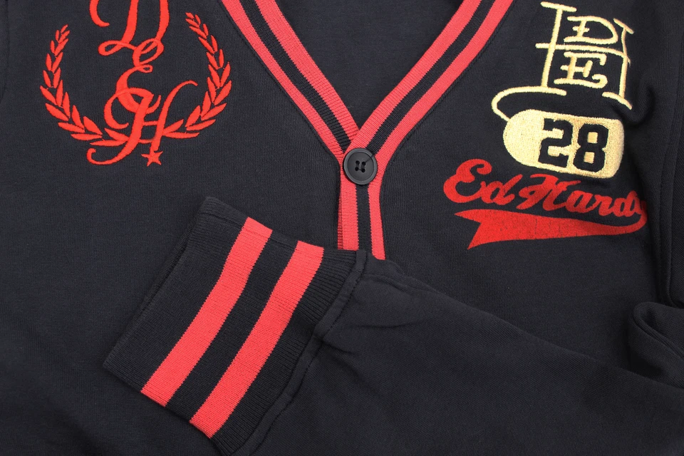 Suéter cárdigan atlético de algodón con logotipo bordado retro Ed Hardy para hombre Foto 4 de 4