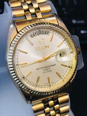 Elgin Presidential 35mm Day/Date Gold Plated Quartz Men Watch, RUN