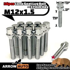 16x Chrome M12x1.5 Coneseat Bolt 60mmshank 17mmhex Fit 30-35mm Spacers 4 Lug Bmw